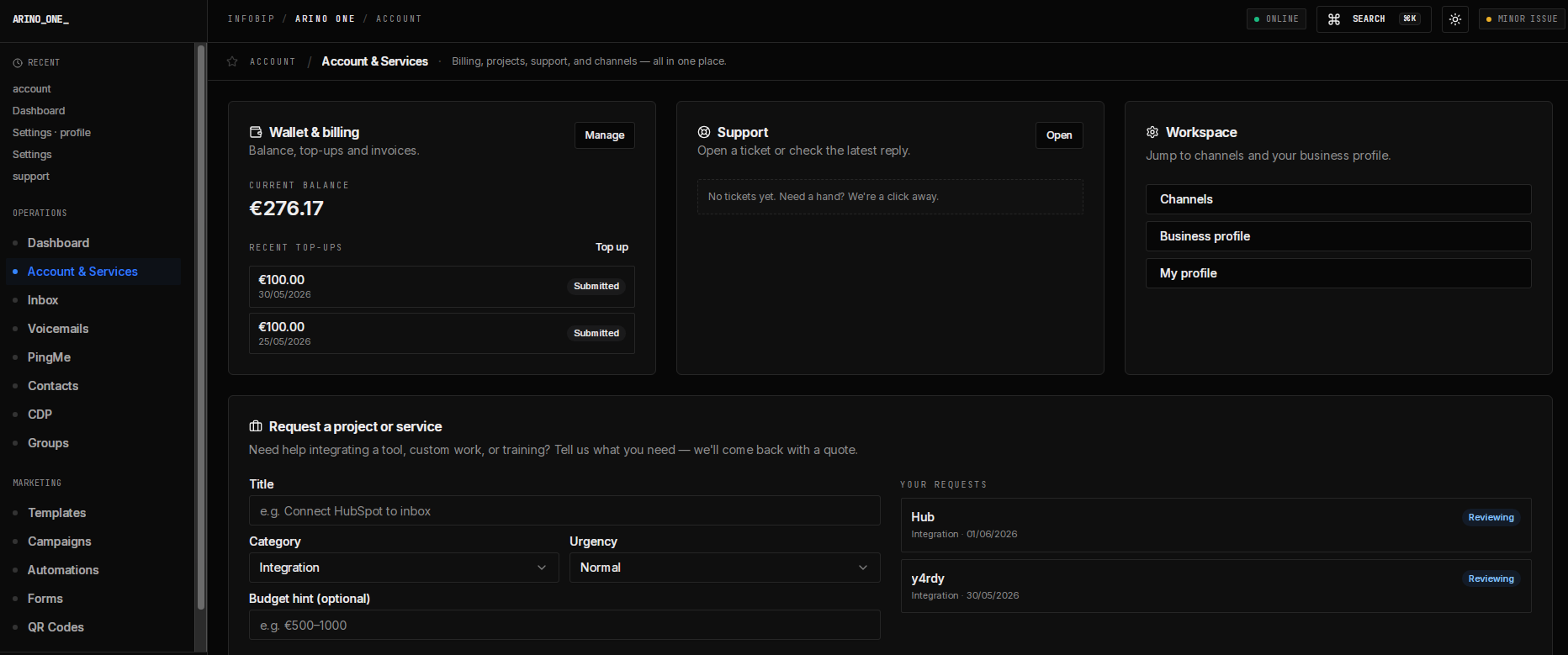 Arino One — Account & Services with wallet, support and project requests