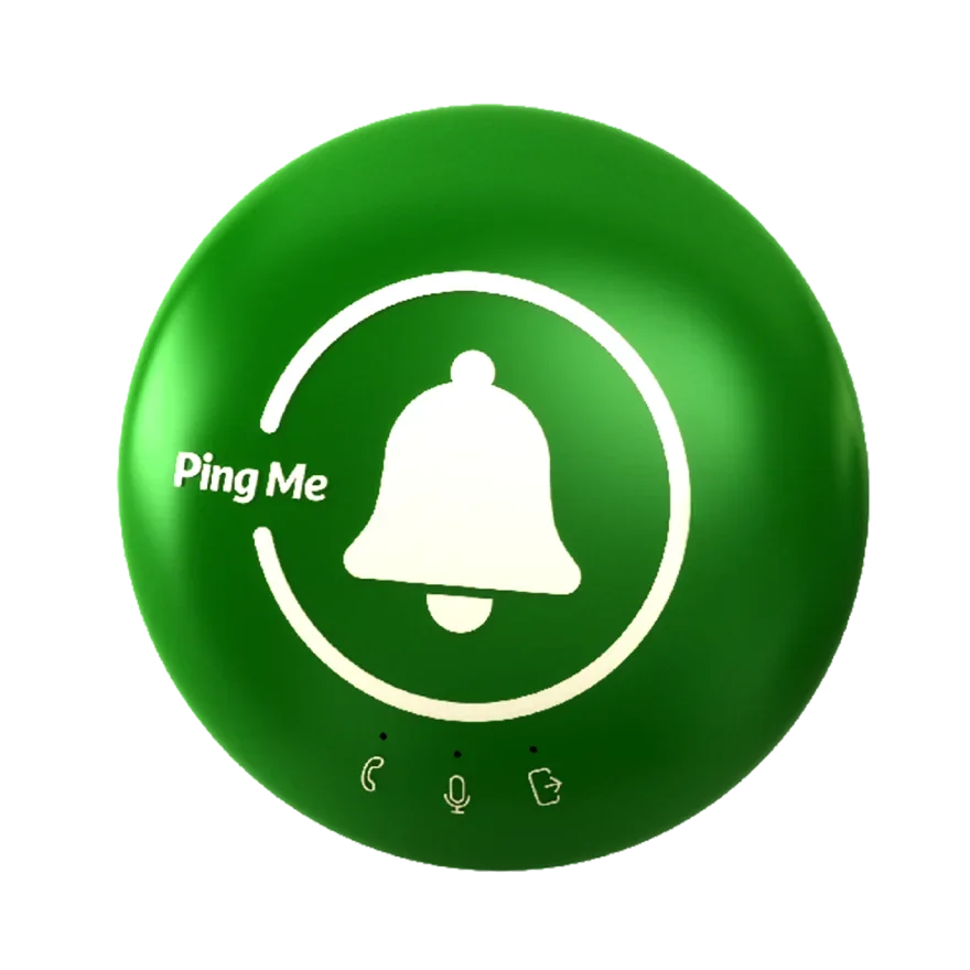 Ping Me — the one-press WebRTC voice device, shown in green